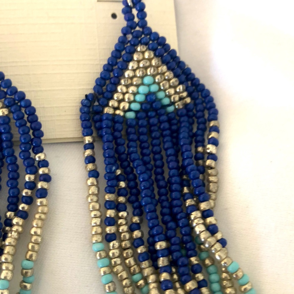 Lucky Brand Blue, Turquoise & Gold Beaded Fringe Earrings - Picture 2 of 5